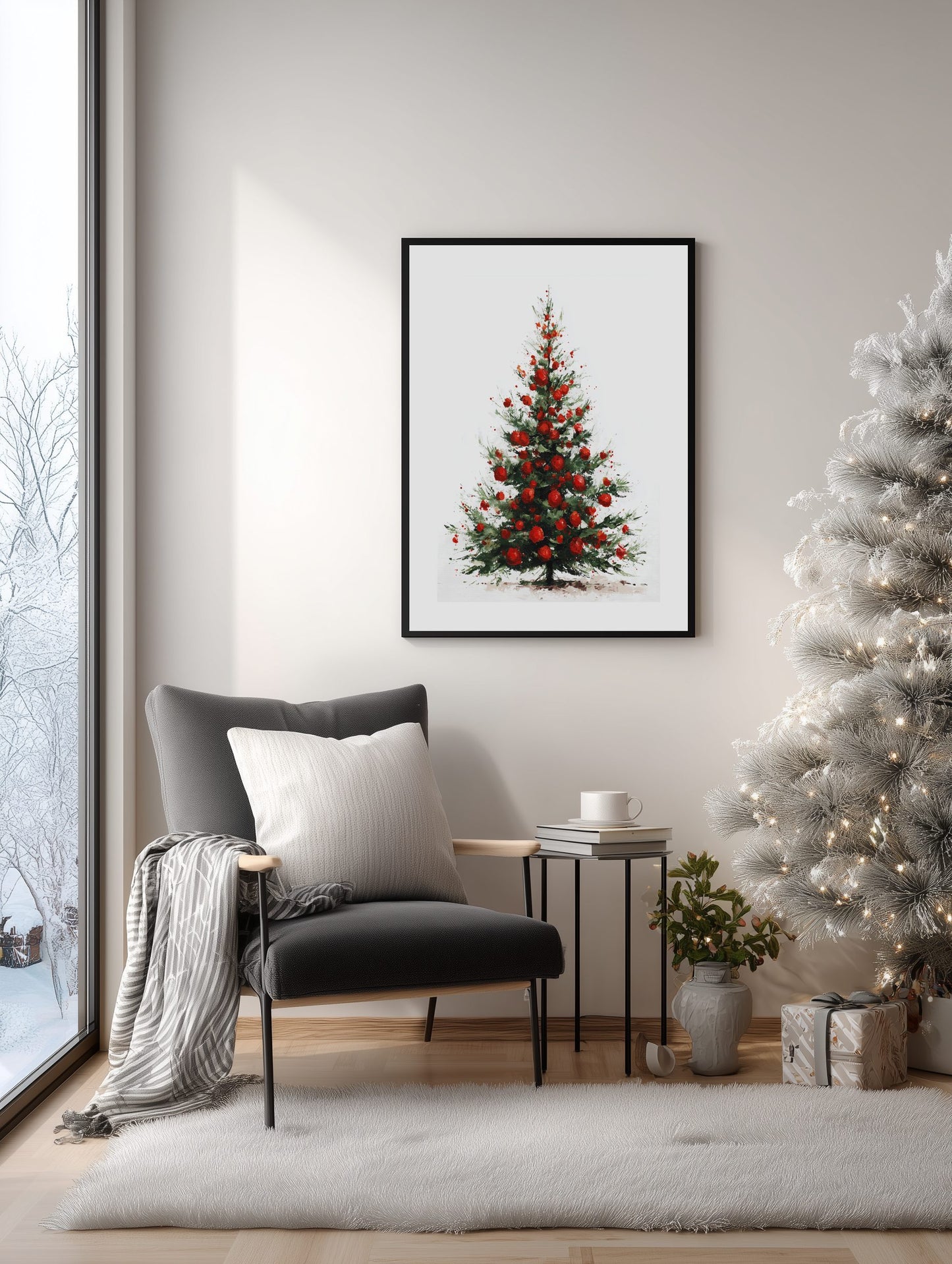 Framed Christmas tree artwork on a wall in a living room with a decorated tree and chair.