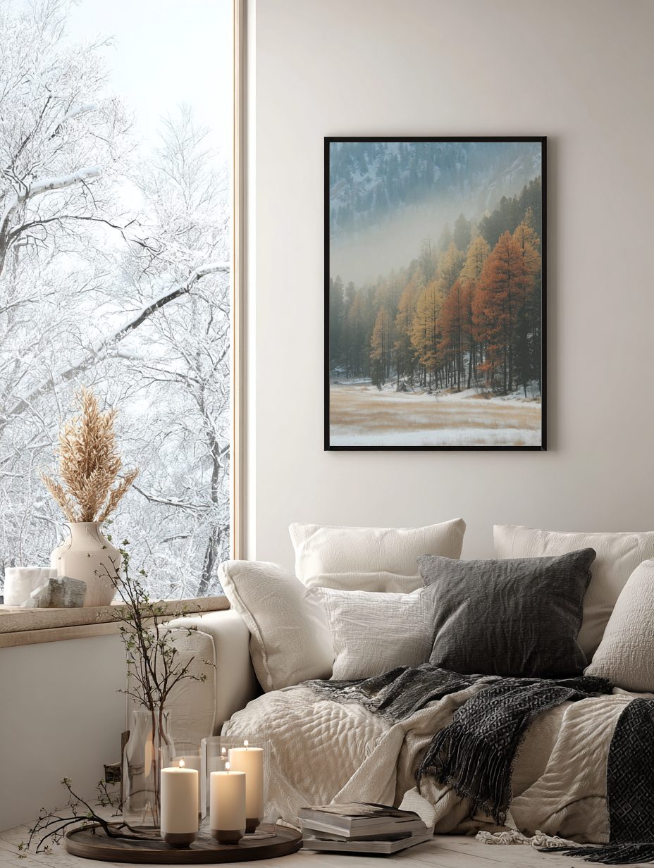 Autumn Pines in Winter Mist Poster
