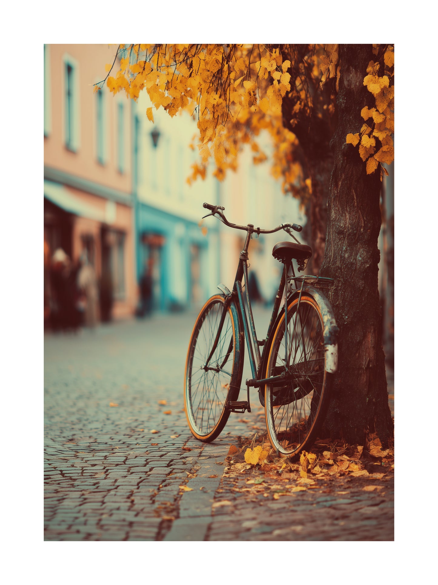 Poster of vintage bicycle under autumn tree on cobblestone street