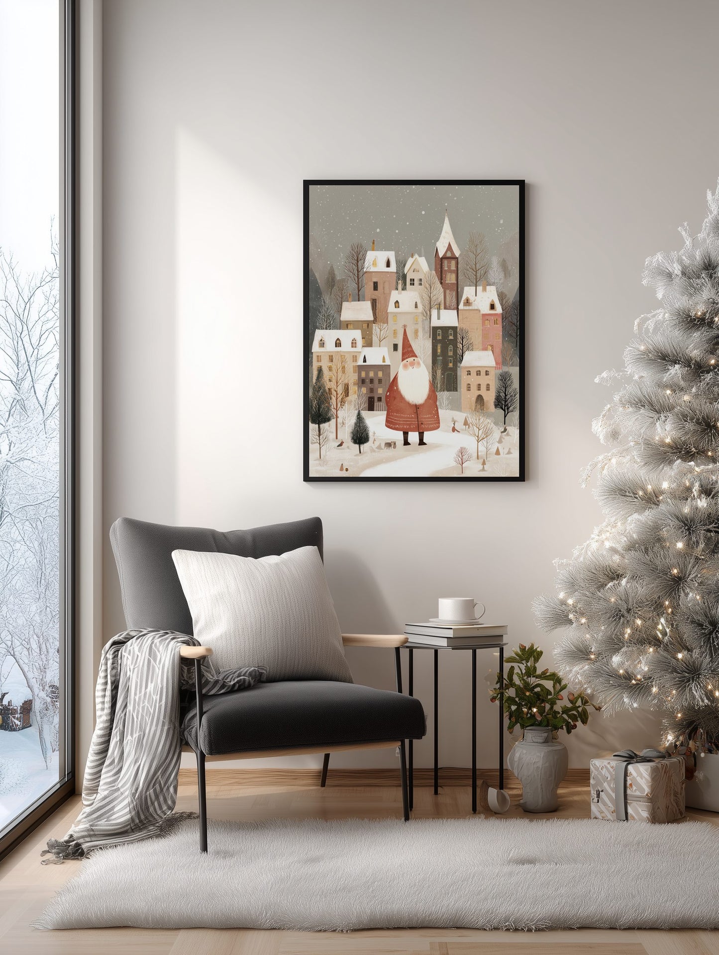 Santa in Snowy Village Poster