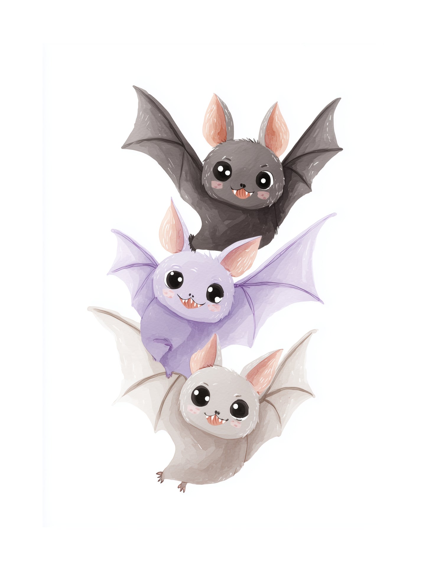 Three cute cartoon bats with big eyes flying together