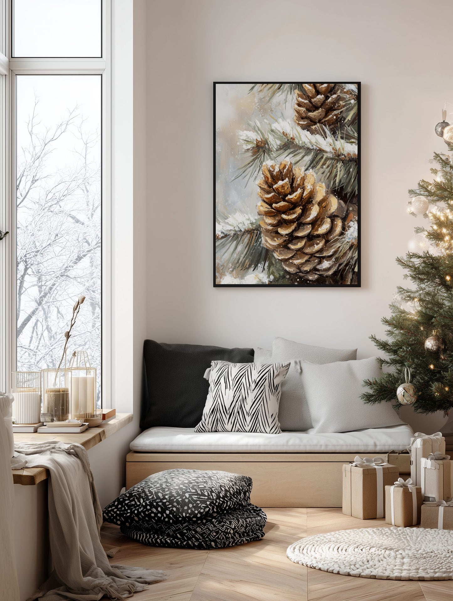 Snowy Pine Cones Poster