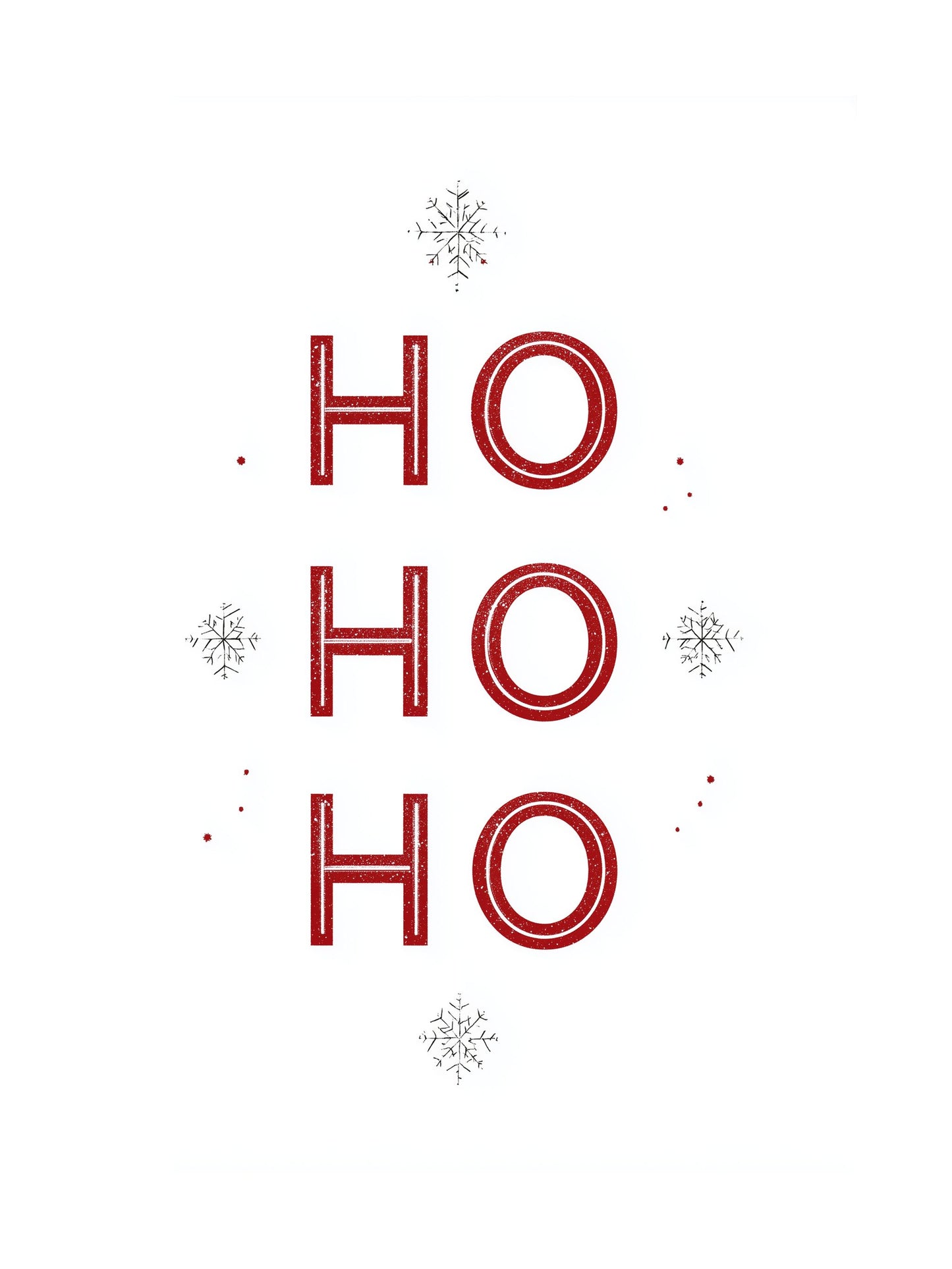 Red 'HO HO HO' text with snowflakes on a white background