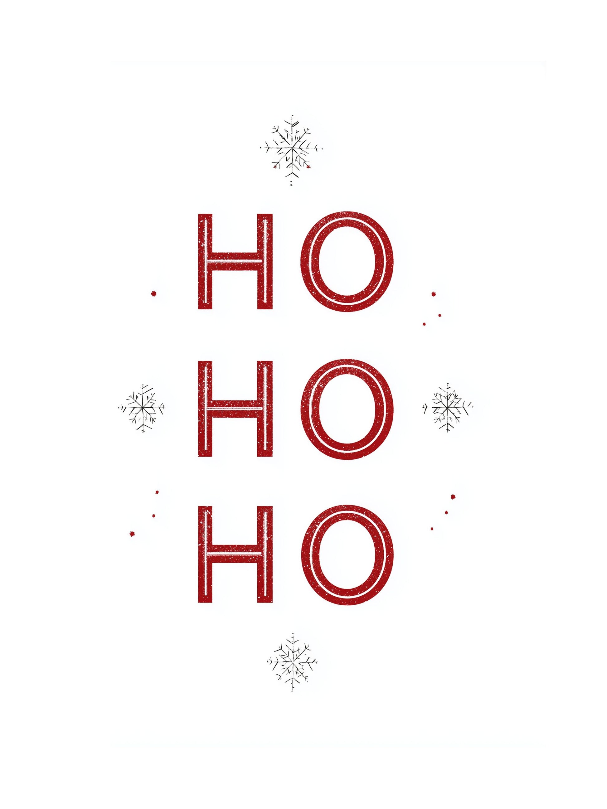 Red 'HO HO HO' text with snowflakes on a white background
