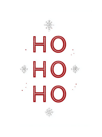 Red 'HO HO HO' text with snowflakes on a white background