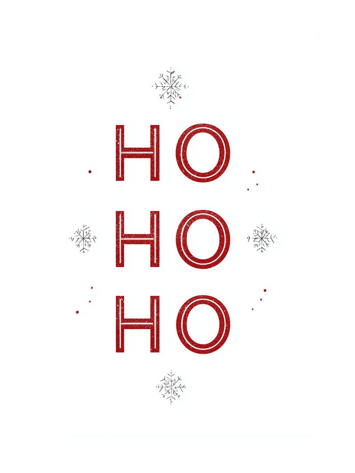 Red 'HO HO HO' text with snowflakes on a white background
