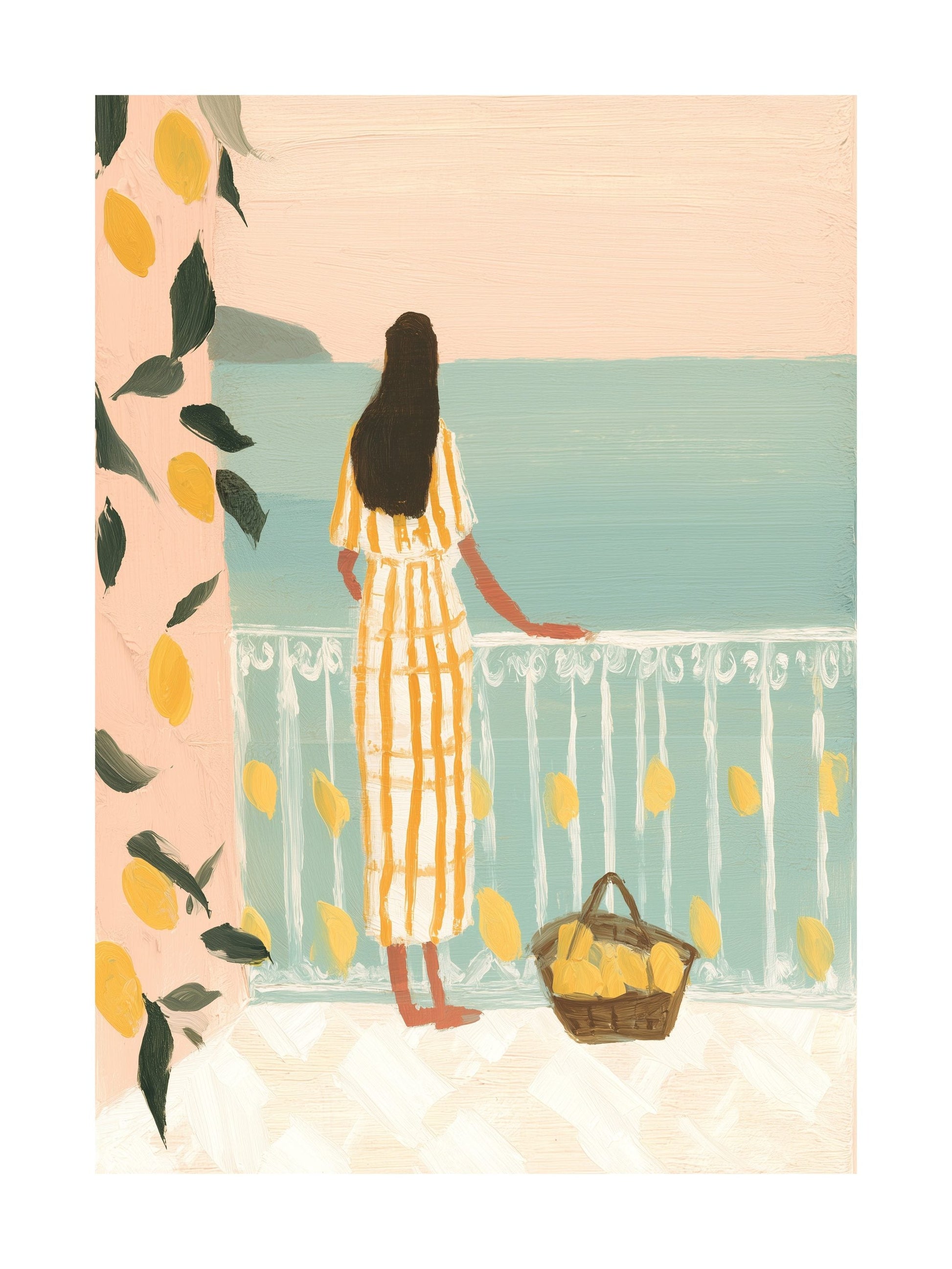 Poster of a woman on a balcony decorated with lemons and overlooking the sea