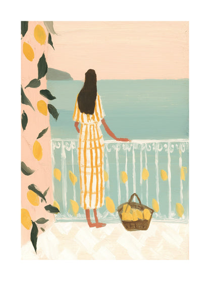 Poster of a woman on a balcony decorated with lemons and overlooking the sea