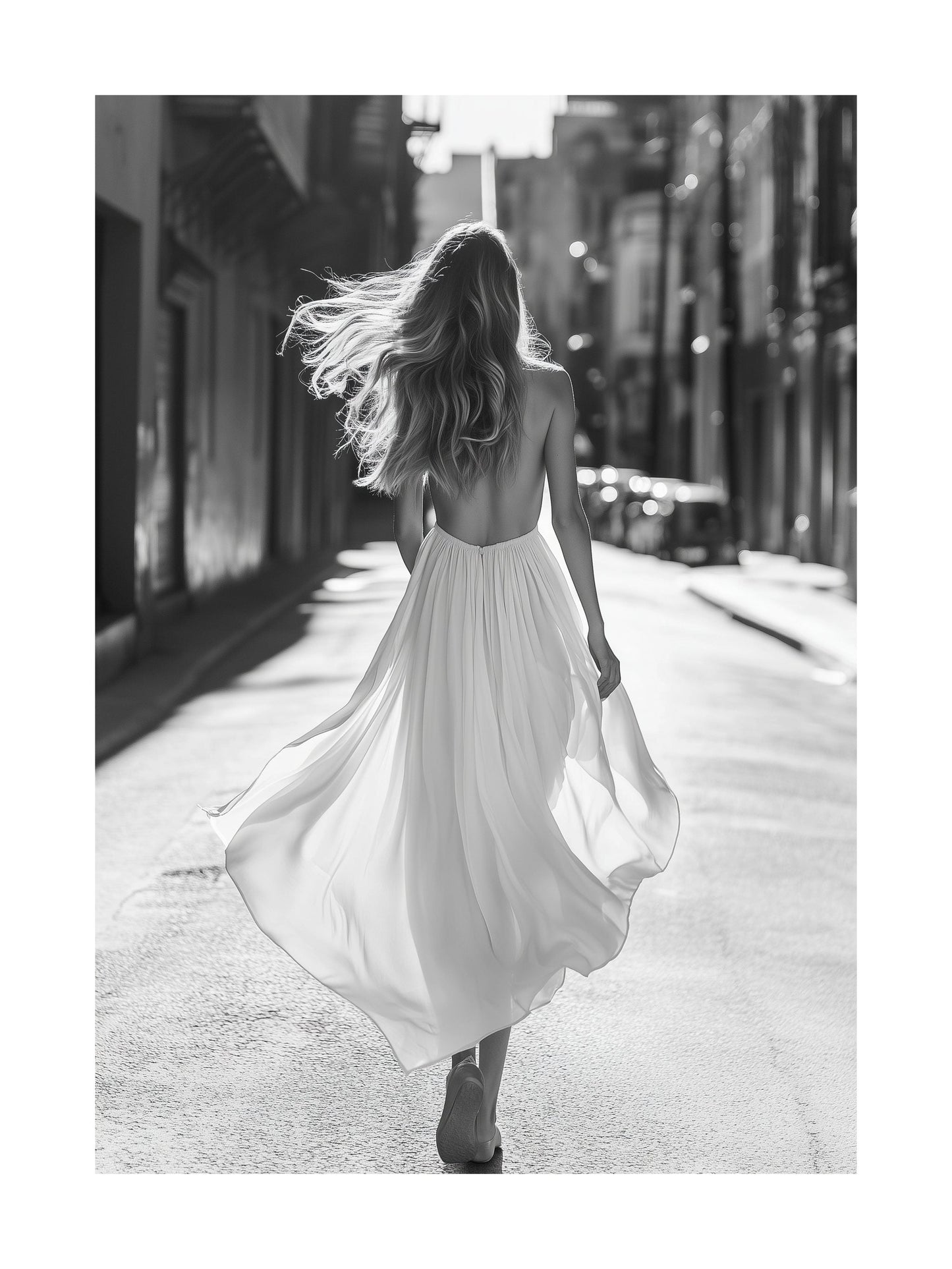 Black and white poster of a woman in a dress walking through a city street