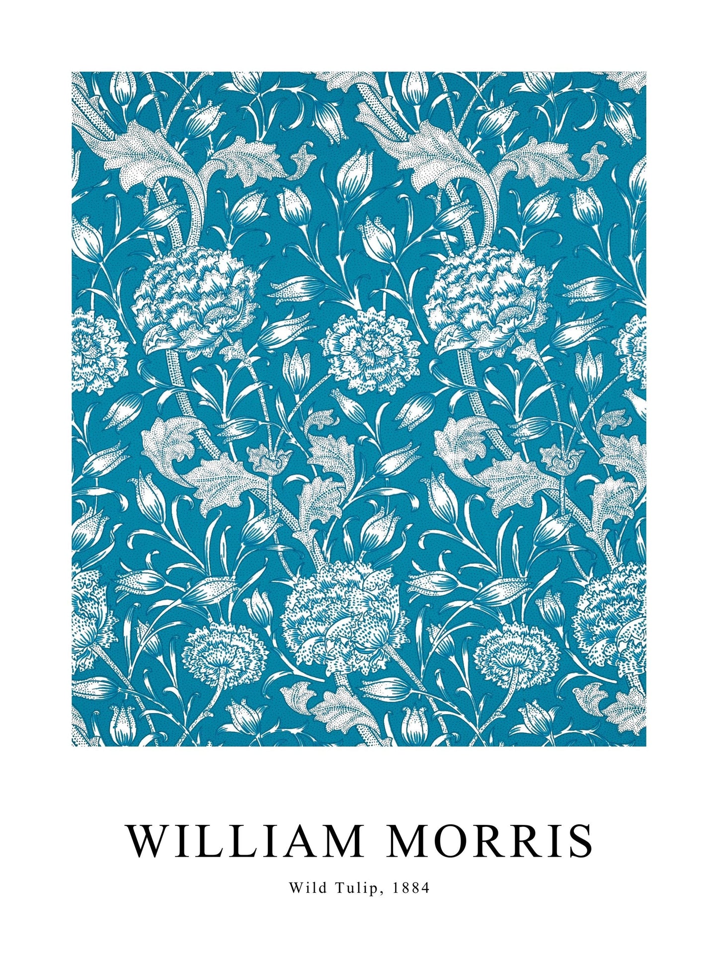 Poster of Wild Tulip by William Morris, with detailed white floral illustrations on a turquoise background.