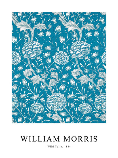 Poster of Wild Tulip by William Morris, with detailed white floral illustrations on a turquoise background.