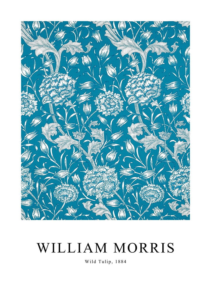 Poster of Wild Tulip by William Morris, with detailed white floral illustrations on a turquoise background.