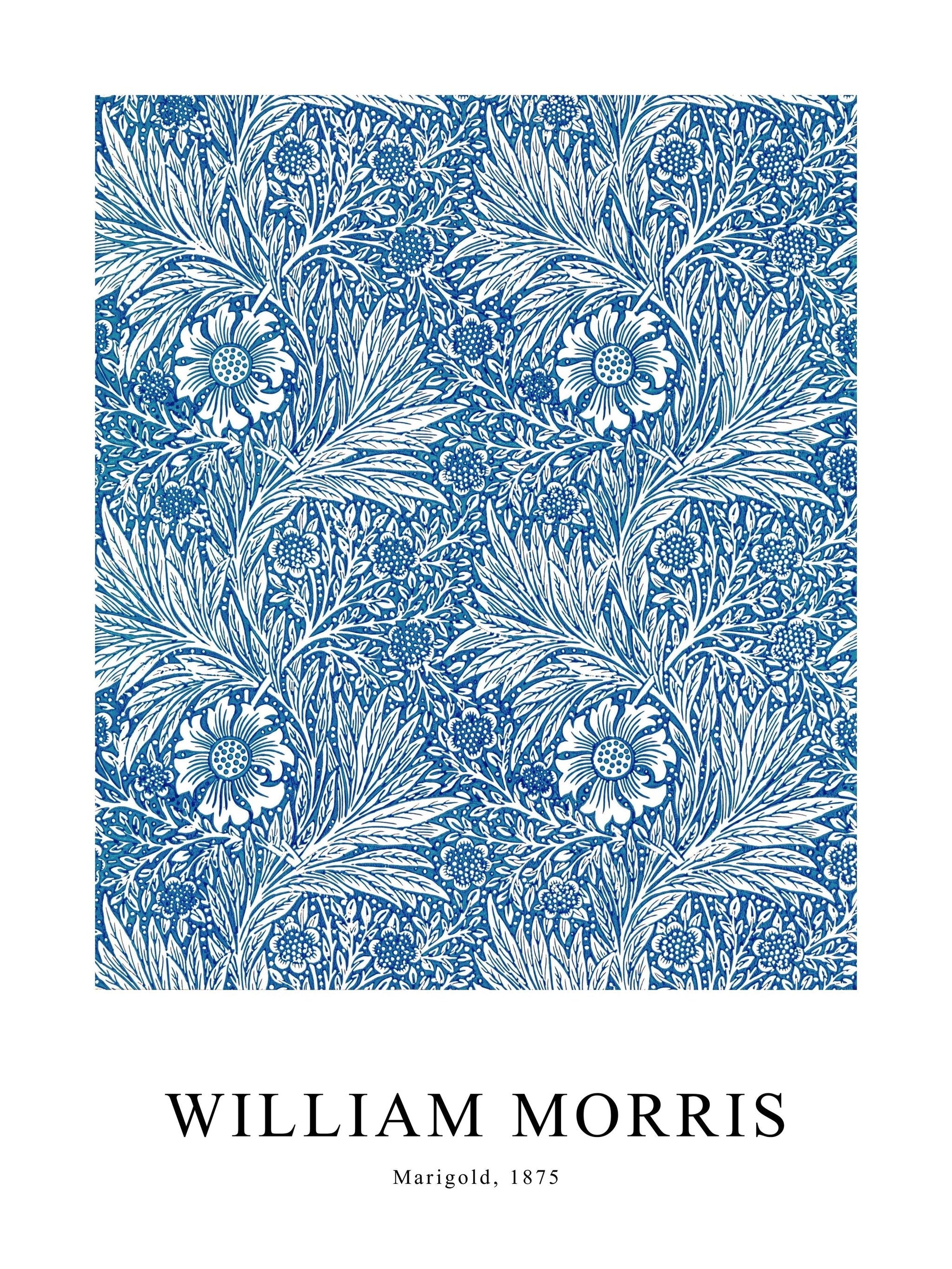 Poster of Marigold by William Morris, showing symmetrical floral and leaf patterns in blue and white.