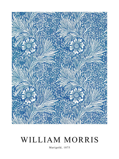 Poster of Marigold by William Morris, showing symmetrical floral and leaf patterns in blue and white.