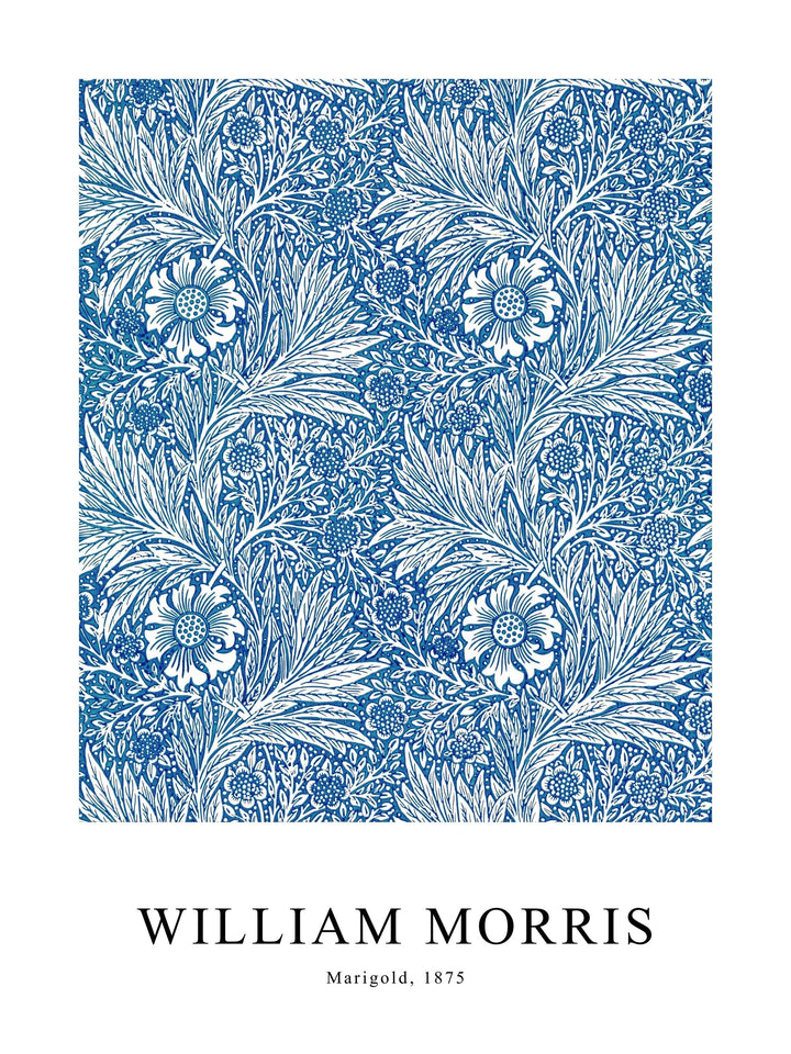 Poster of Marigold by William Morris, showing symmetrical floral and leaf patterns in blue and white.