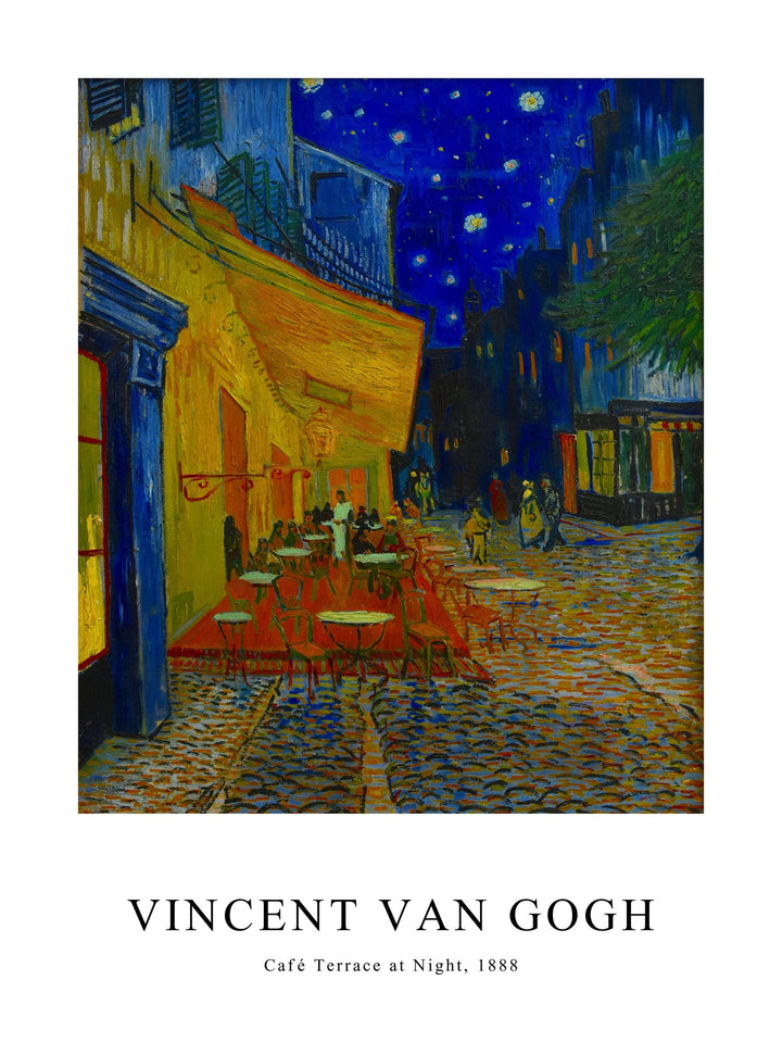 Poster of Van Gogh's Café Terrace at Night, showing a glowing café under a starry sky.