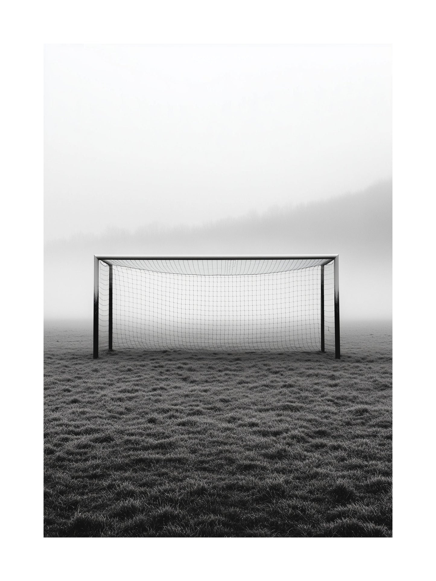 Monochrome poster of a soccer goal on a foggy field