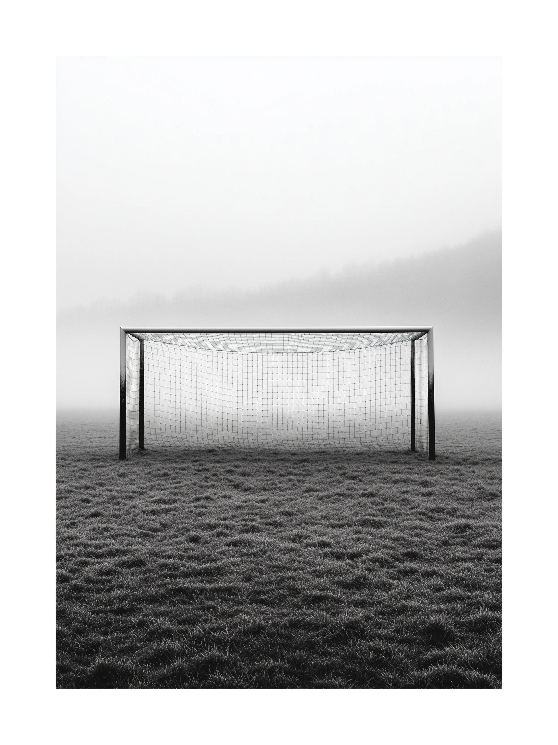 Monochrome poster of a soccer goal on a foggy field