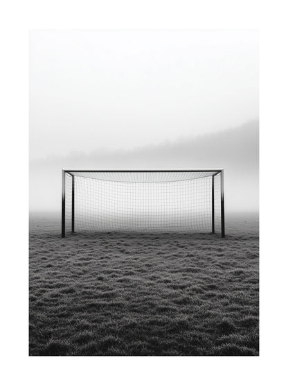 Monochrome poster of a soccer goal on a foggy field