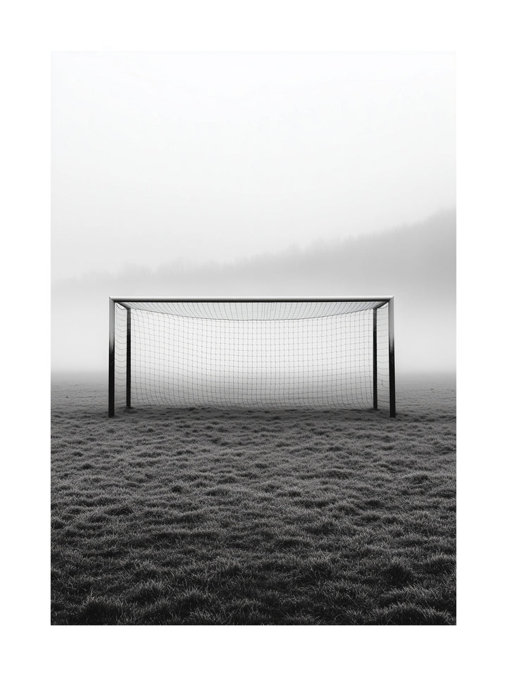 Monochrome poster of a soccer goal on a foggy field