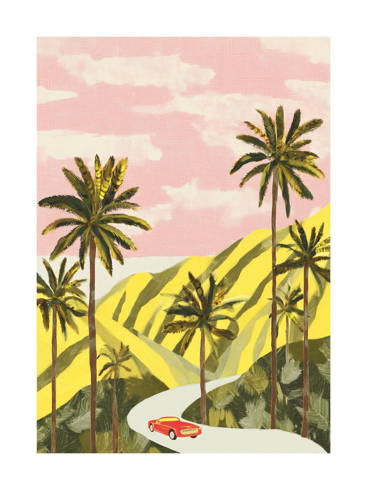 Poster of a red convertible driving through a palm-lined desert under pink sky