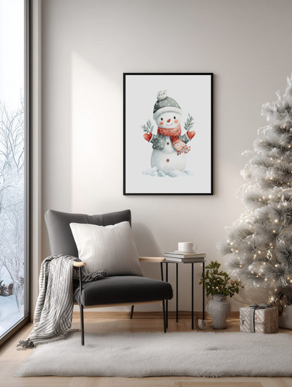 Framed artwork of a snowman in a living room with a Christmas tree and chair.
