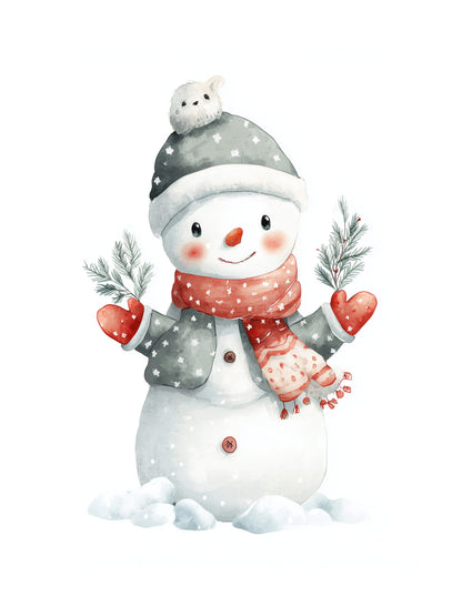 Cartoon snowman with a gray hat, red scarf, and gloves on a white background