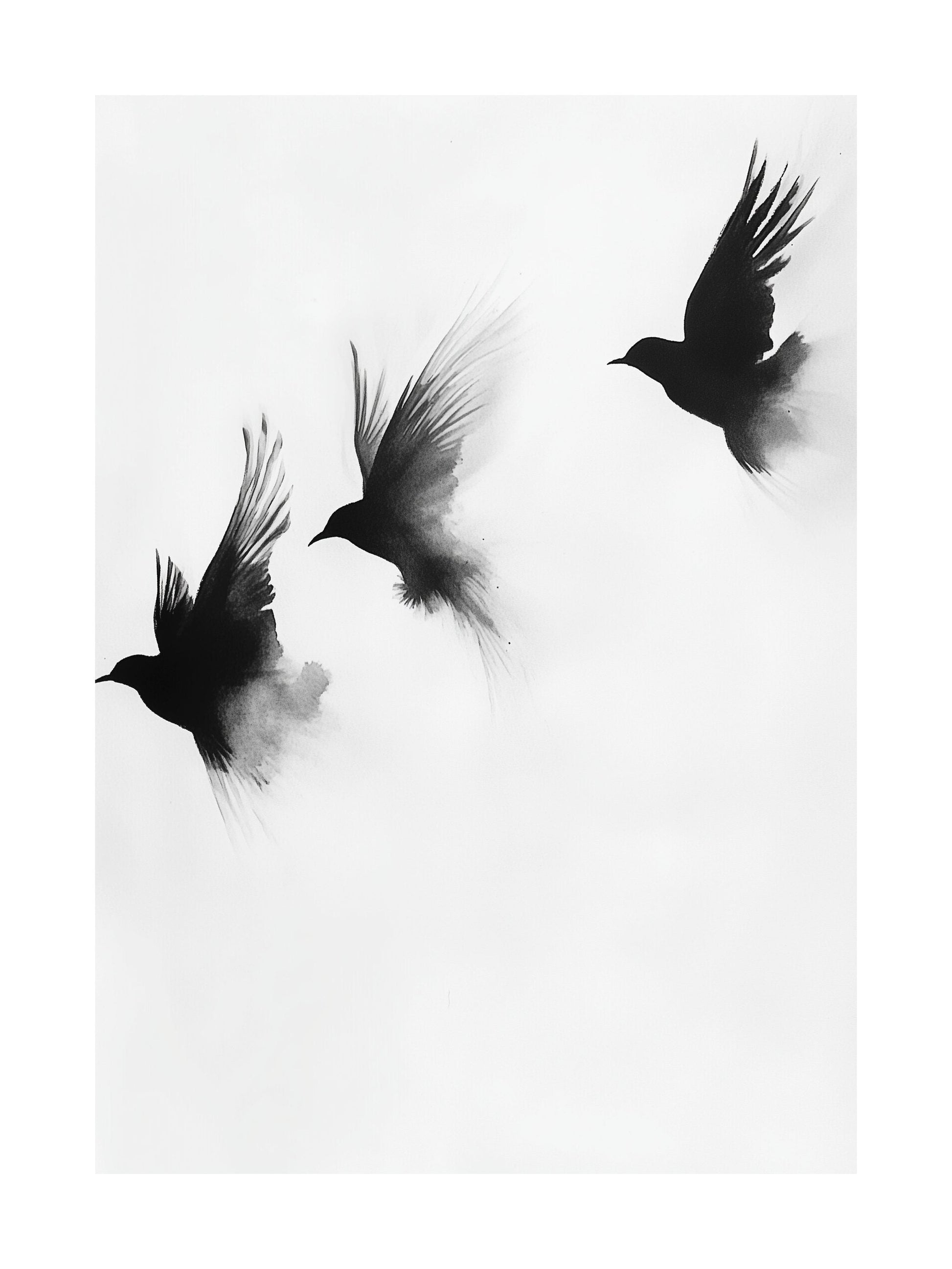 Black ink-style birds flying on white background - minimalist flight poster