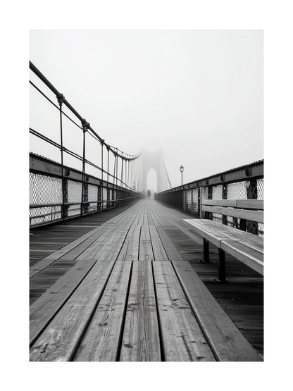 Black and white photo of Brooklyn Bridge fading into fog - moody bridge poster