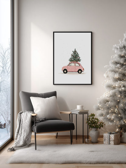 Framed artwork of a pink car with a Christmas tree on a wall in a living room with a Christmas tree and chair.