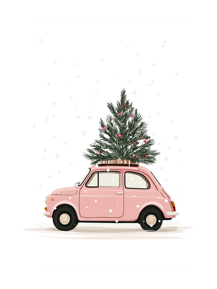 Pink car with a Christmas tree on a white background
