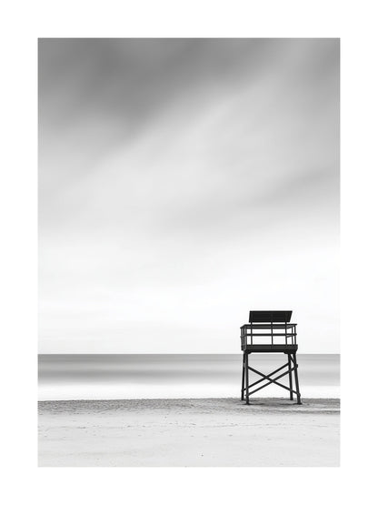 Black and white beach scene with lifeguard tower - minimalist coastal poster