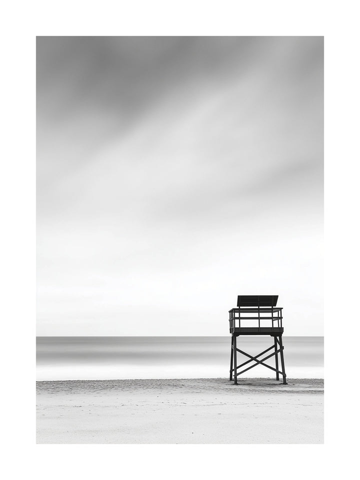 Black and white beach scene with lifeguard tower - minimalist coastal poster