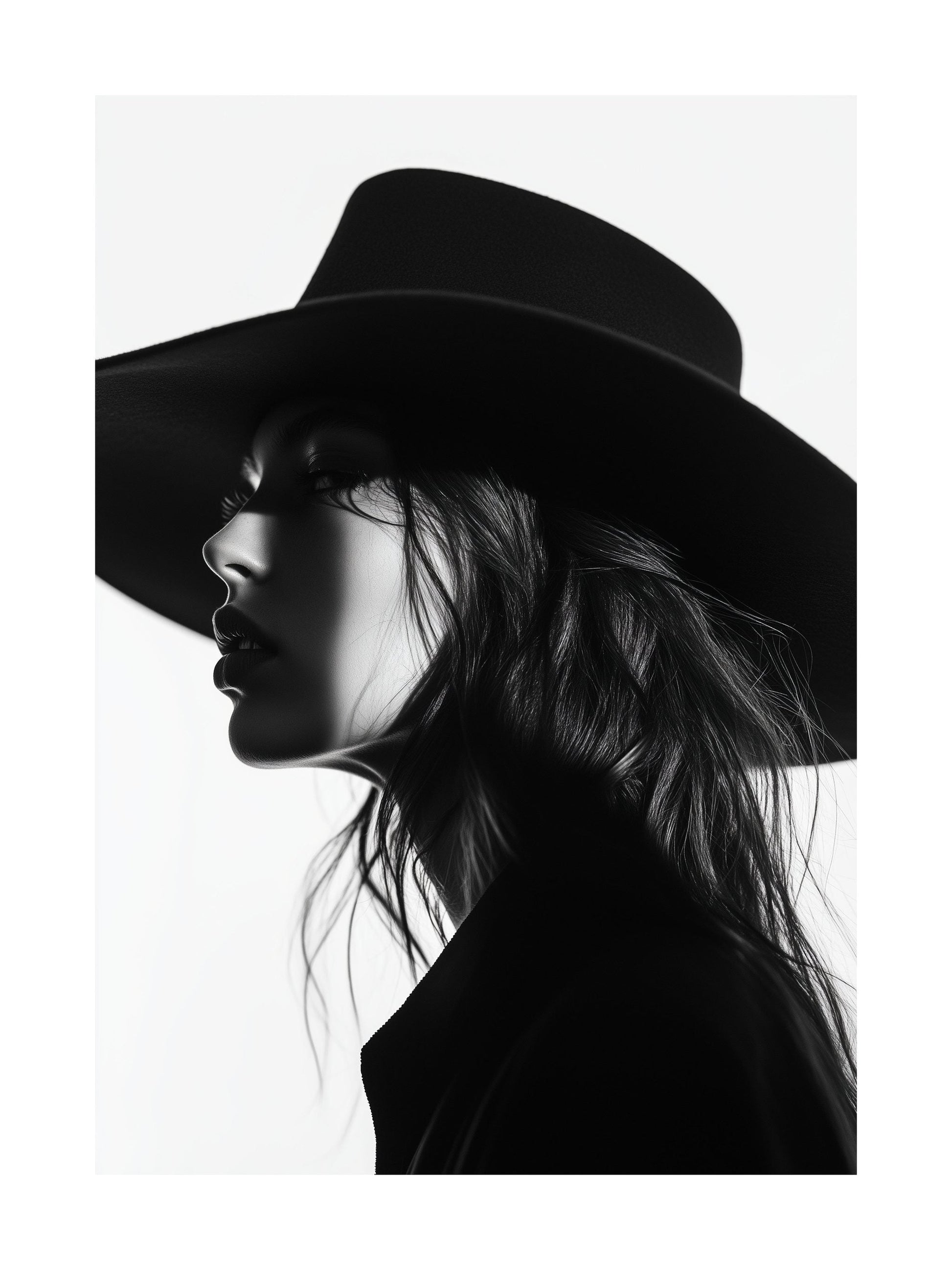 Black and white profile of woman in hat - elegant fashion poster