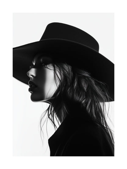 Black and white profile of woman in hat - elegant fashion poster