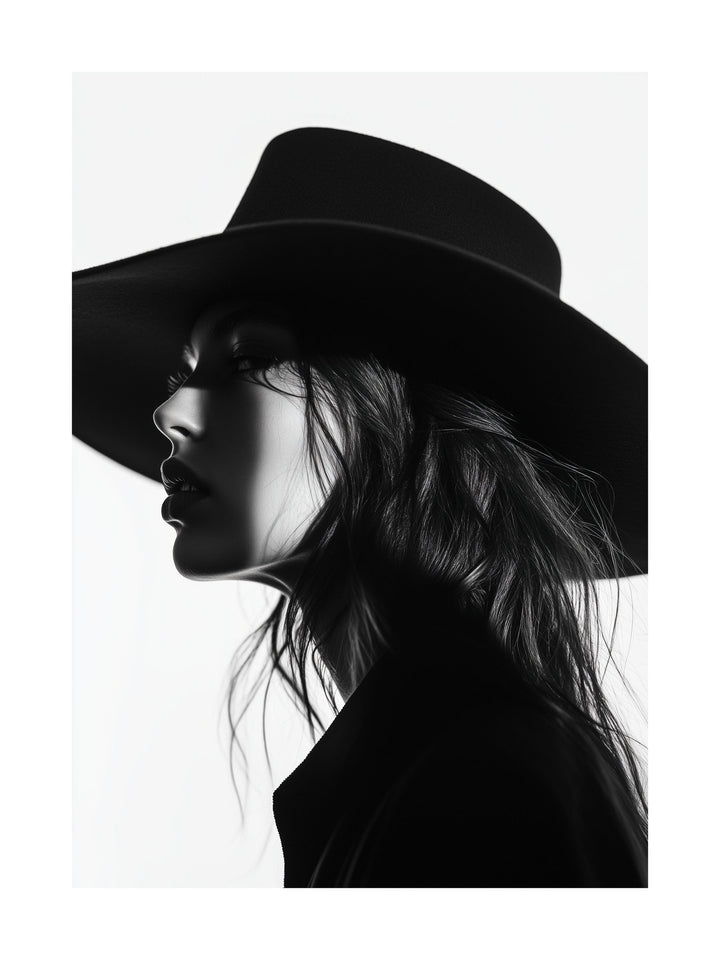 Black and white profile of woman in hat - elegant fashion poster