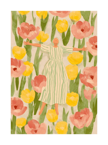 Poster of a woman in striped yellow dress walking among tropical foliage