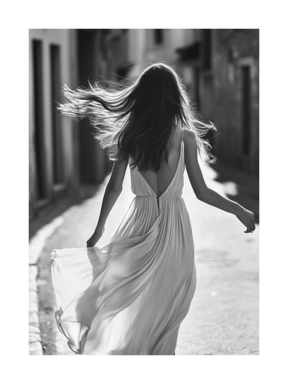 Woman walking in city with flowing dress - monochrome movement poster