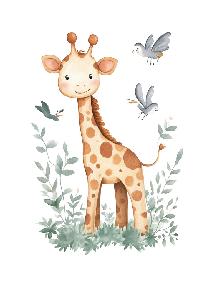 giraffe and birds safari kids wall art - playful poster for nursery or children's room