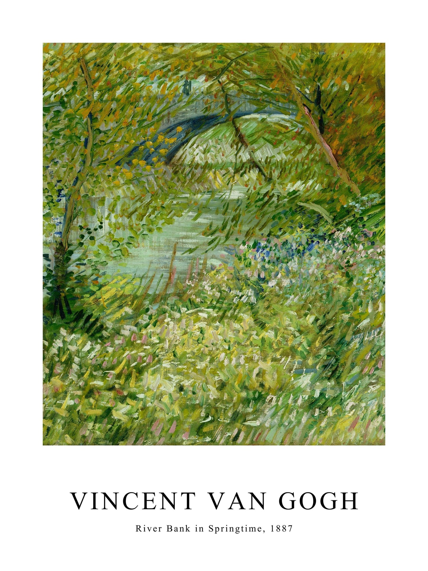 Poster of Van Gogh's River Bank in Springtime, depicting lush greenery and a calm river.