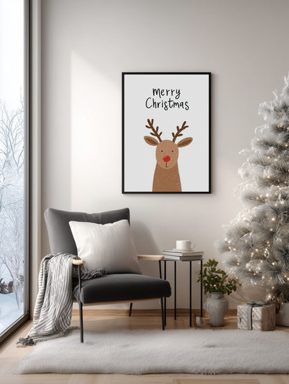 Framed 'Merry Christmas' print with a reindeer illustration in a living room setting.