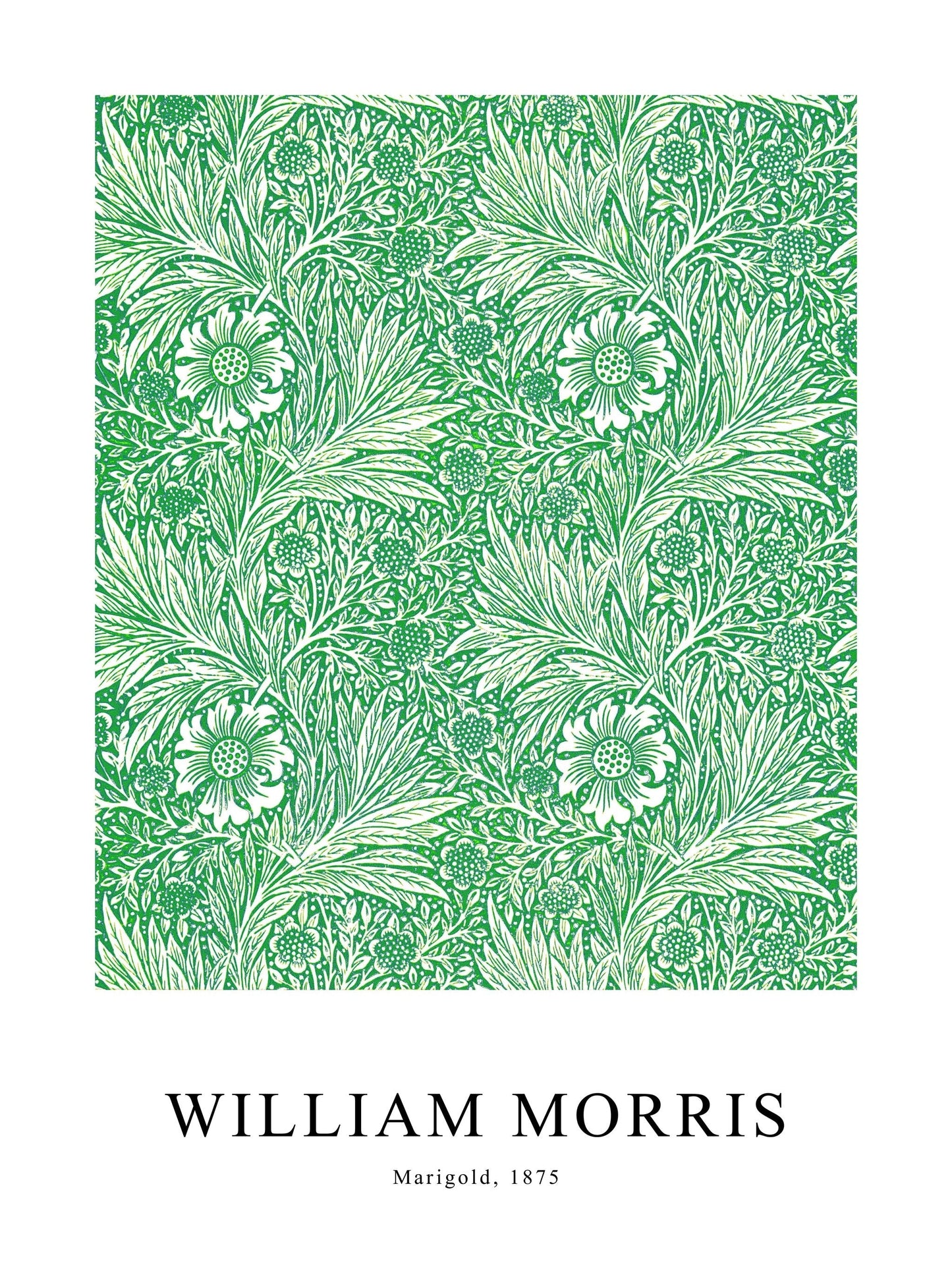 Green version of Marigold poster by William Morris, with intricate botanical patterns in vibrant green.