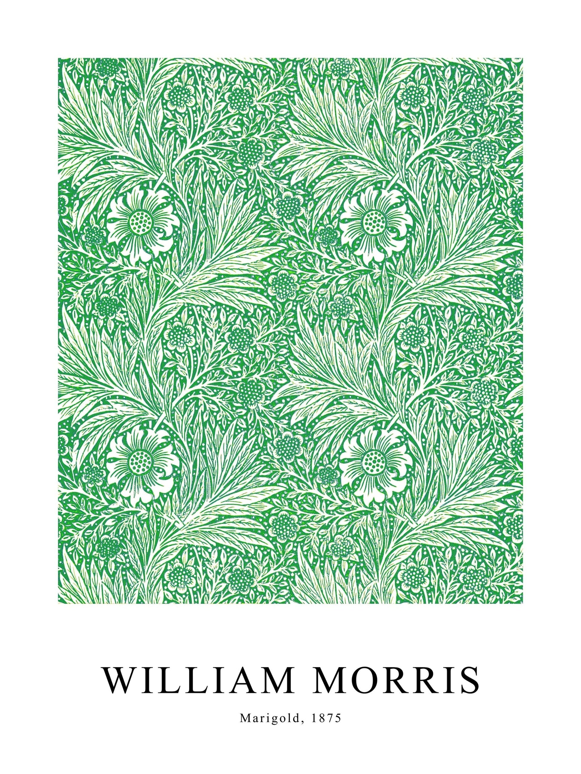Green version of Marigold poster by William Morris, with intricate botanical patterns in vibrant green.