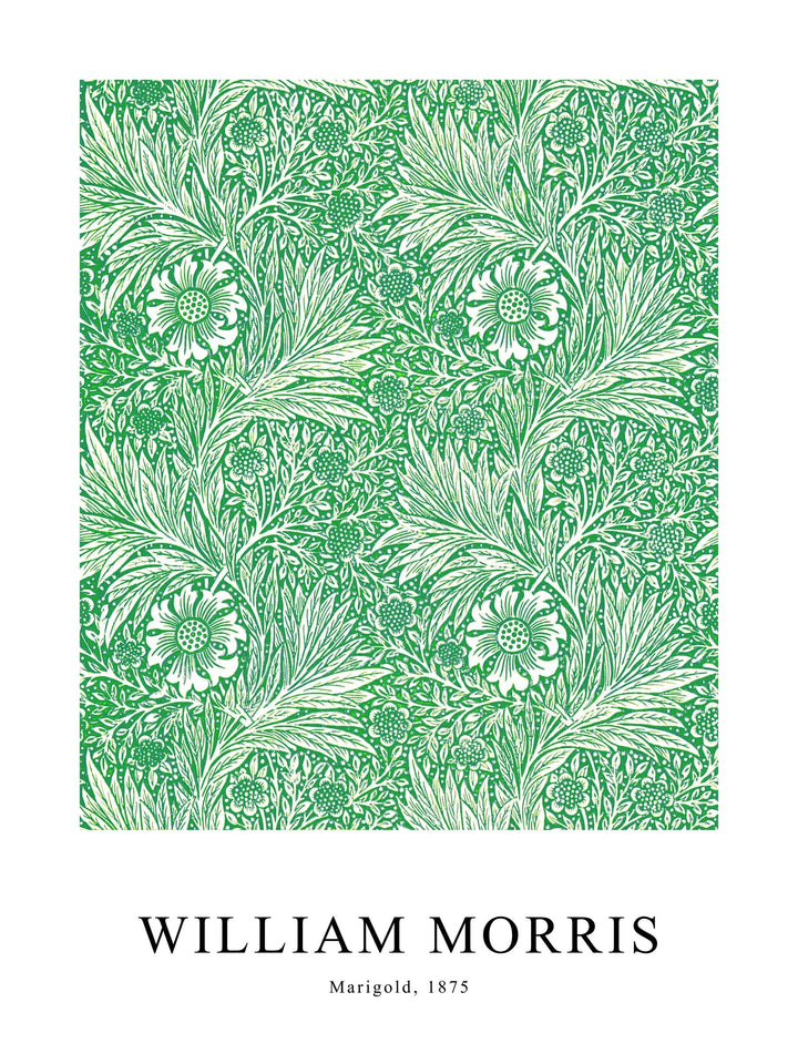 Green version of Marigold poster by William Morris, with intricate botanical patterns in vibrant green.