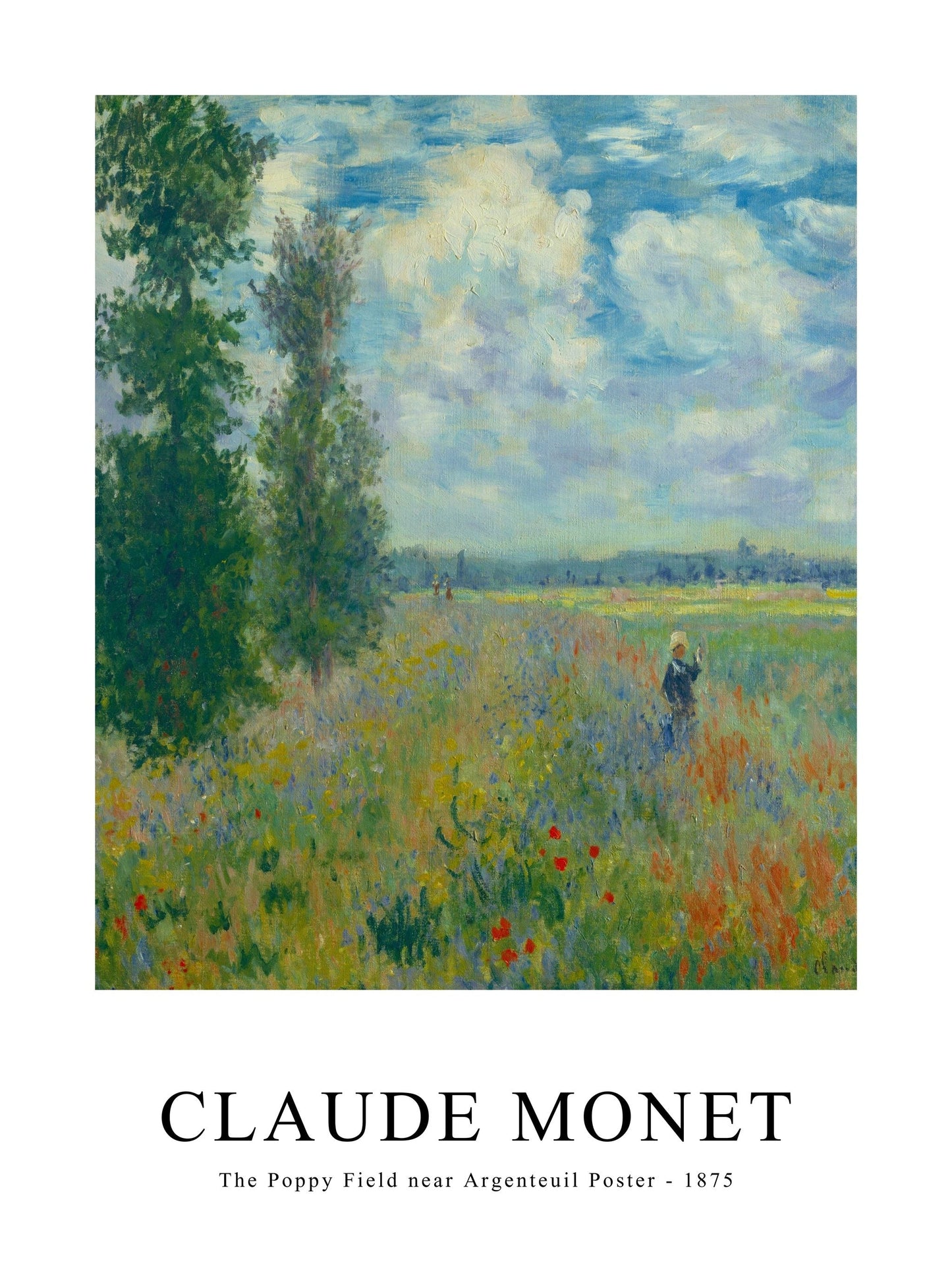 Poster of Monet's Poppy Field near Argenteuil, featuring a wide meadow with poppies and distant trees.