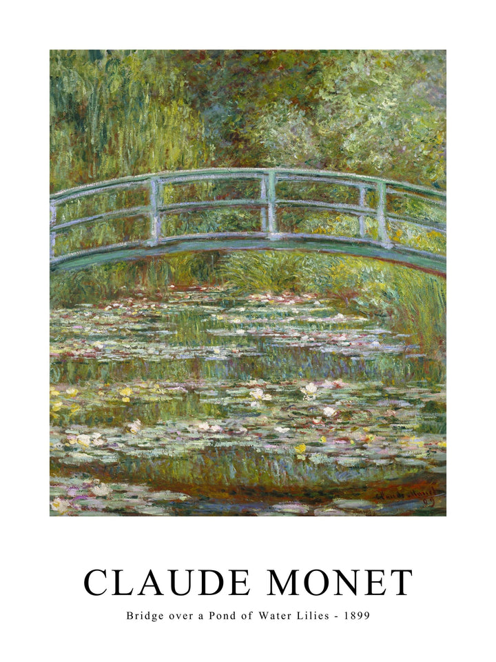 Bridge over a Pond of Water Lilies poster by Claude Monet with soft green tones and floral reflections.