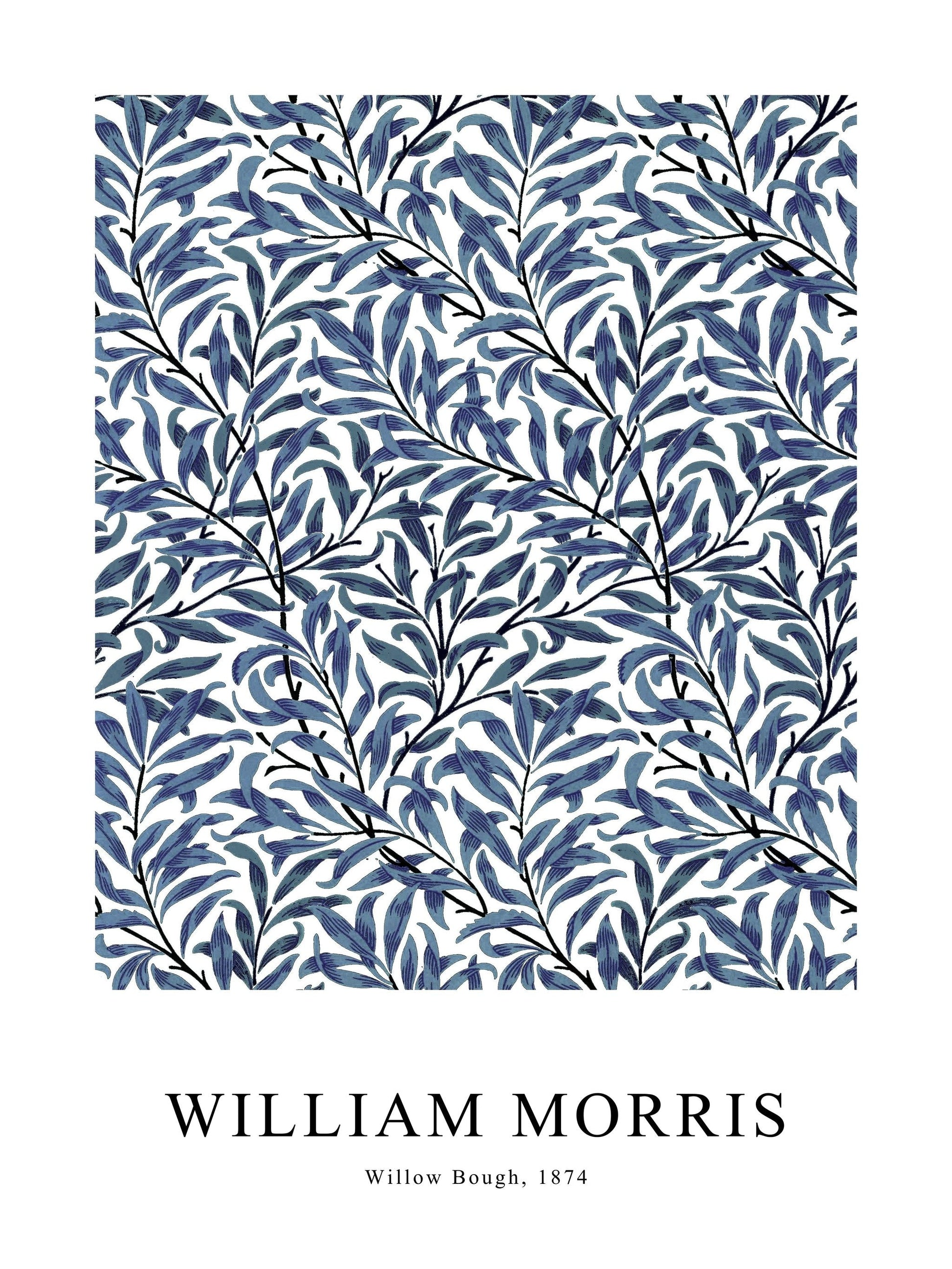 Blue variation of Willow Bough poster by William Morris, showcasing cool-toned leafy branches.