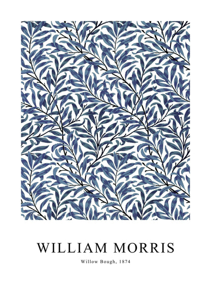 Blue variation of Willow Bough poster by William Morris, showcasing cool-toned leafy branches.