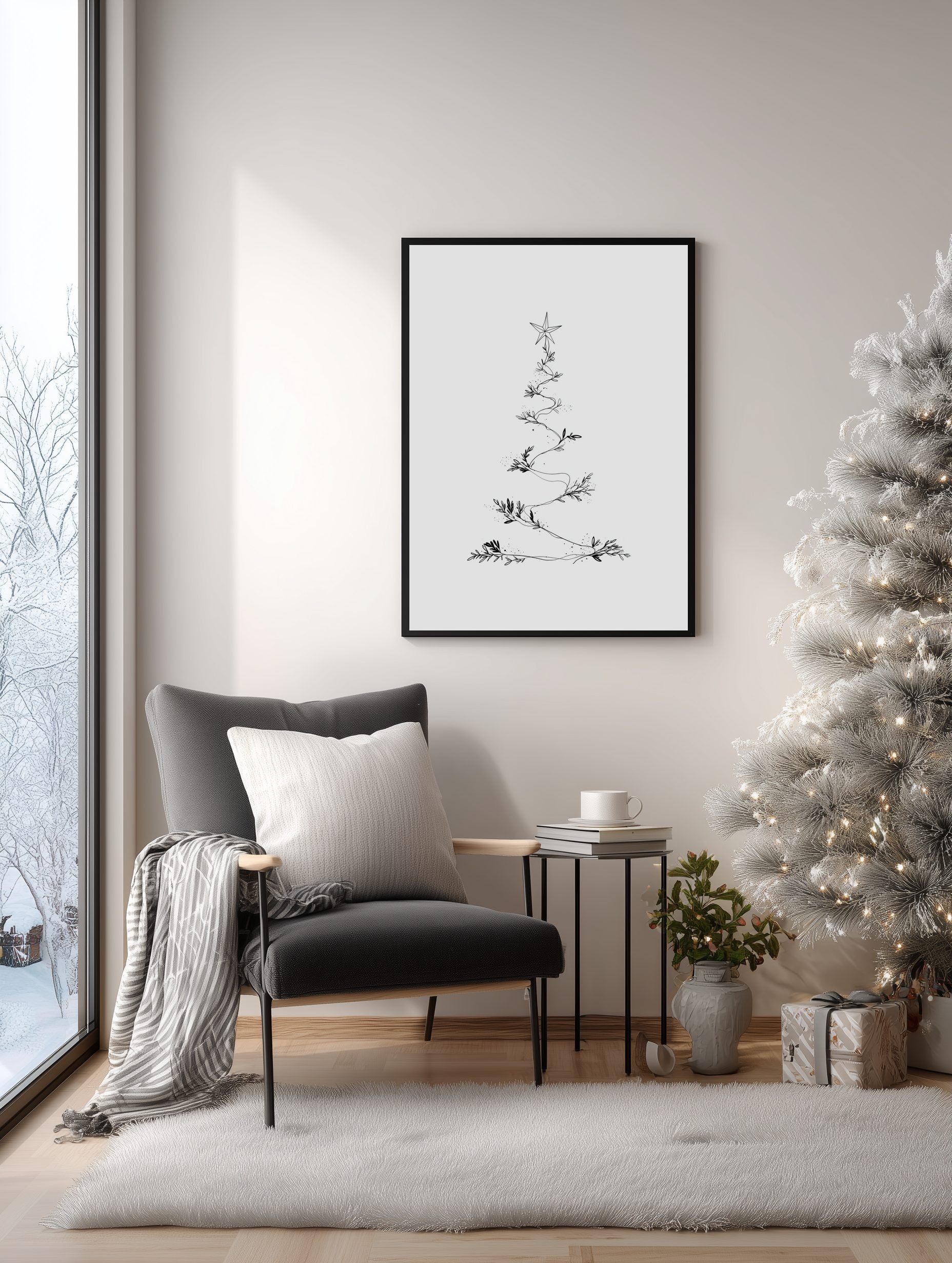 Modern living room with a Christmas tree, chair, and framed artwork on the wall.