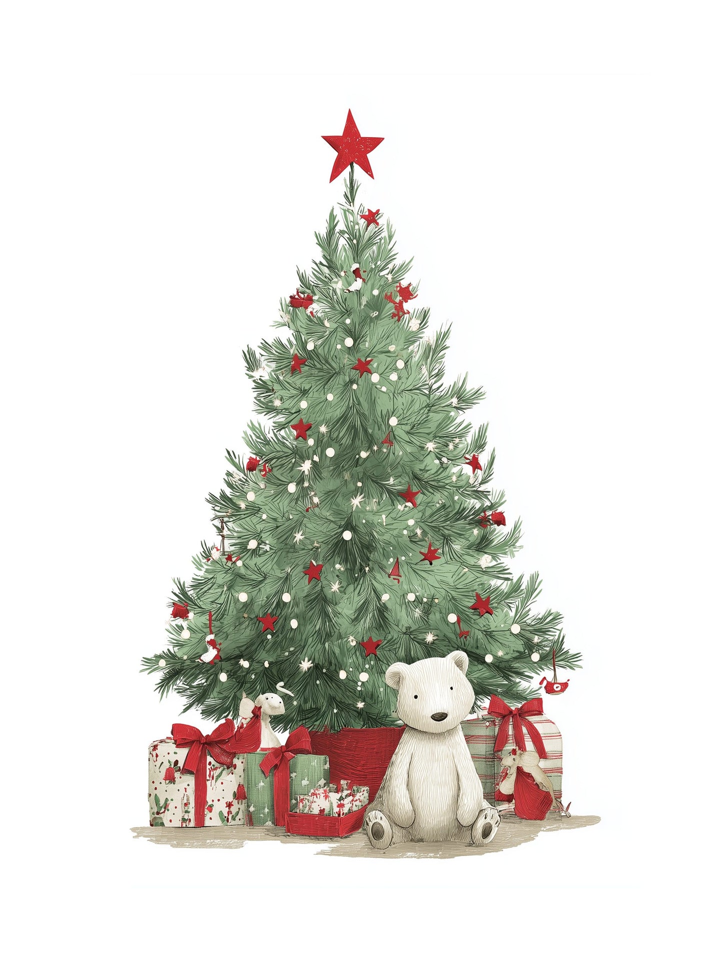 Decorated Christmas tree with presents and a teddy bear on a white background